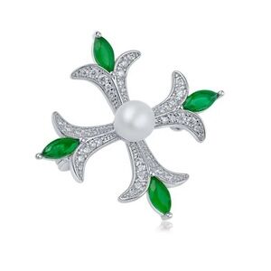 KENNETH JAY LANE Look Of Real Rhodium Plated Faux Pearl & Cubic Zirconia Brooch